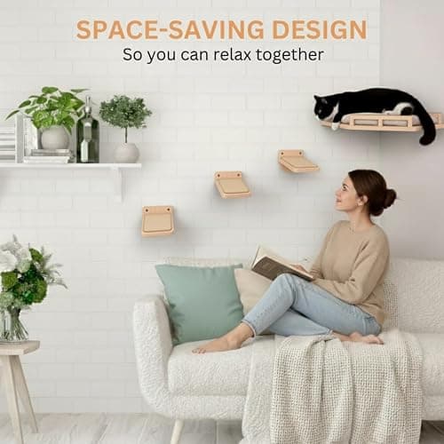 INICIO Cat Wall Shelves - Safe and Sturdy Cat Wall Furniture - Stylish Natural Wood Corner Shelf with 3 Steps for Cats up to 15lbs - Cushioned Perch and Stairs for Climbing and Playing thumbnail 4