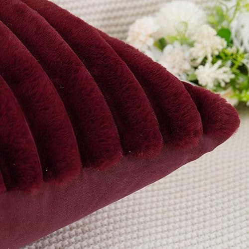 Madizz Set of 2 Faux Fur Plush Decorative Throw Pillow Covers 24x24 inch, 60x60 cm, Burgundy Fluffy Striped Soft Decorative Cushion Cover for Sofa Bedroom Pillow Shell thumbnail 5