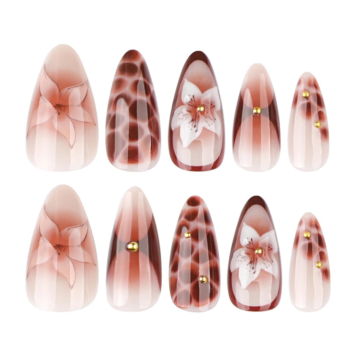 3D Brown Flower Press on Nails Medium Almond,Unique False Nails with Texture and Mini Metal Ball Decoration,24PCS Glossy and Full Cover Acrylic Fake Nails for Women or Girls thumbnail 5