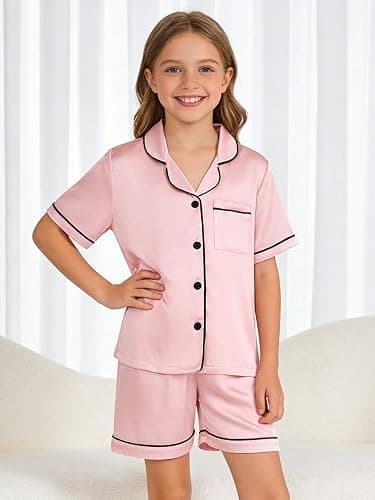 Vopawetty Satin Pajamas for Girls, 4-Piece Short Sleeve Button Down Silky PJ Set thumbnail 3