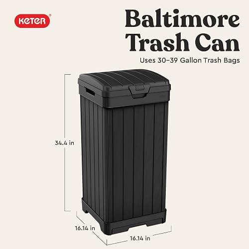 Keter Baltimore Resin 38 Gallon Outdoor Kitchen Trash Can with Lid and Drip Tray for Easy Cleaning-Perfect for Patio Dining, Black thumbnail 2