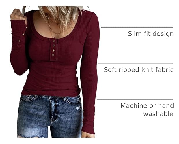 KINLONSAIR Women’s Long Sleeve Henley T Shirts Button Down Slim Fit Tops Scoop Neck Ribbed Knit Shirts thumbnail 3