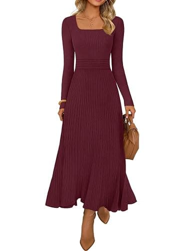 MEROKEETY Women's Sweater Dress 2025 Fall Winter Casual Long Sleeve Square Neck Pleated Church Work Knit Midi Dresses - Image 1