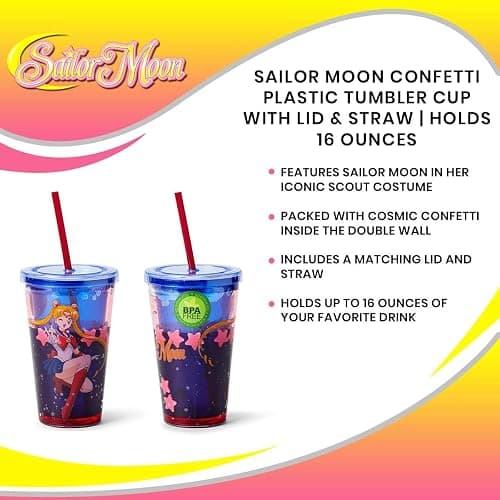 Sailor Moon Confetti Plastic Carnival Cup With Lid & Straw | Double-Wall Insulated Tumbler Cup Perfect For Sailor Moon Fans | Holds 16 Ounces thumbnail 6
