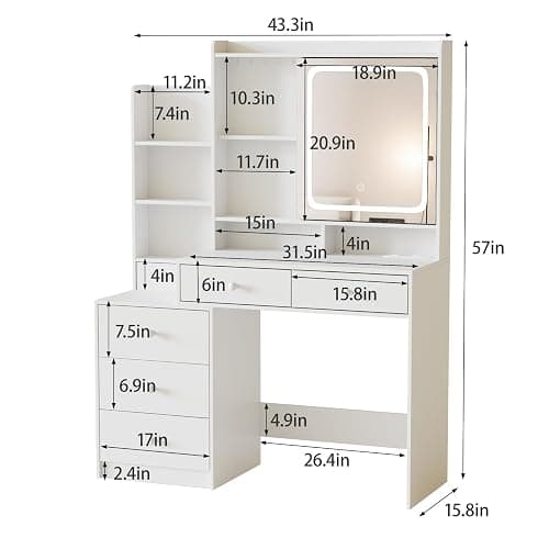 Vabches Vanity Makeup Mirror Desk with Stool,Makeup Vanity Set with 6 Drawers and Shelves,Vanity Table with Power Strip,Vanity Mirror 3 Lighting Color Adjustable,White thumbnail 2