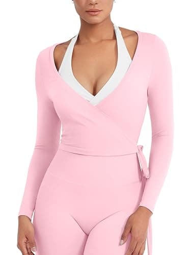 YEOREO Women Pilates Wrap Top Long Sleeve Tie Ballet Workout Yoga Shirt Michelie Y2K V Neck Cropped Tops - Image 1