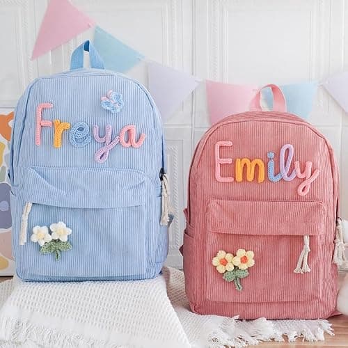 Personalized Backpack for Girls/Boys, Custom Corduroy School Bag with Cotton Rope Embroidery Name, Back to School Bag Gifts for Kids, Children Birthday/Christmas Gift thumbnail 3