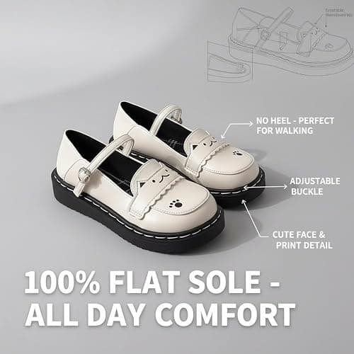 Women's Cute Cat Face Mary Jane Flats – Kawaii Platform Shoes with Paw Print Detail for Dress, Casual Wear or Anime Outfits thumbnail 4
