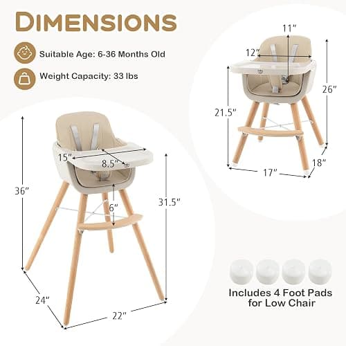 BABY JOY Convertible Baby High Chair, 3 in 1 Wooden Highchair/Booster/Chair with Removable Tray, Adjustable Legs, 5-Point Harness, PU Cushion and Footrest for Baby, Infants, Toddlers (Beige) thumbnail 3