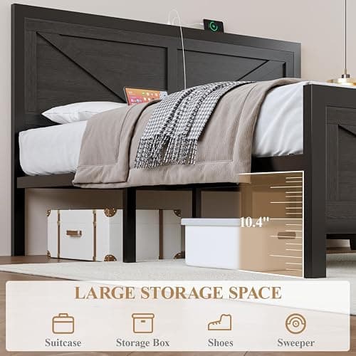 DOGIBIXO Full Size Bed Frame with Led Lights and USB Charging, Industrial Platform Bed Frame with Farmhouse Barn Door Headboard, Strong Metal Slats Support, Noise Free, No Box Spring Needed, Black thumbnail 4