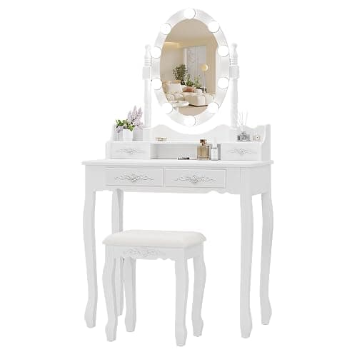Alohappy Girls Makeup Vanity Set, Dressing Table Desk with Lighted Mirror and Stool, Makeup Table with 4 Drawers for Bedroom, Bathroom (Vanity with Lighted Mirror) thumbnail 9