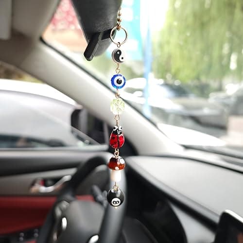 Toejut Evil Eye Car Hanging Ornament, Cute Car Charm for Rear View Mirror, Good Luck Decor with Four-Leaf Clover, Ladybug, 8 Ball, Mushroom, Yin Yang Symbo, and Boho Car Accessories thumbnail 4