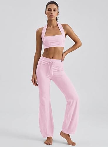 Panadila Women 2 Piece Yoga Sets Pilates Bra and Leggings | Halter Sports Bra, Fold Over Flare Leggings, Matching Workout Set, Athletic Clothing Sets, Gym Outfits, Activewear Pants Set thumbnail 2