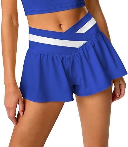 Hragc Womens Athletic Workout Shorts Flowy Butterfly Elastic Crossover High Waisted 2 in 1 Running Shorts Pockets for Women - Image 1