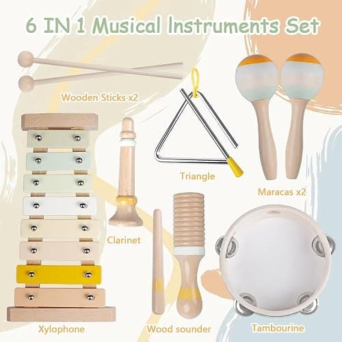 Baby Musical Instruments-Montessori Wooden Toys for Toddlers 1-3,Neutral Colors Percussion Instruments Set with Modern Boho Xylophone for Kids Preschool Educational 3+ thumbnail 2