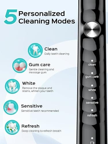COSLUS Sonic Electric Toothbrush for Adults: 47000 VPM for Deep Cleaning & Whitening with Travel Case - 5 Modes for Sensitive Teeth & Braces, Wireless Charging, 6 Brush Heads for Home Family, Black thumbnail 7
