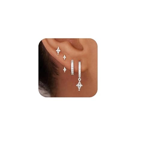 Silver Stud Hoop Earrings Set for Women, Trendy Dangle Jacket Huggie Stacks for Multiple Piercing, Hypoallergenic Cartilage Jewelry Gifts White CZ Geometrical Drop thumbnail 7
