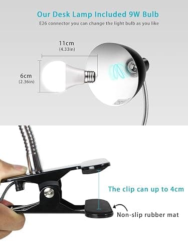 Desk lamp Eye-Caring Table Lamps, 360°Rotation Gooseneck Clip on Lamp Reading Light Portable Reading Book Light Clamp Study Desk Lamps for Bedroom and Office Home Lighting (Black) thumbnail 3