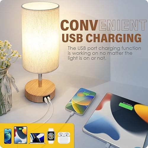 Yarra-Decor Bedside Table Lamp with USB Port - Touch Control for Bedroom Wood 3 Way Dimmable Nightstand Lamp with Round Flaxen Fabric Shade for Living Room, Dorm, Home Office (LED Bulb Included) - Fabric thumbnail 3
