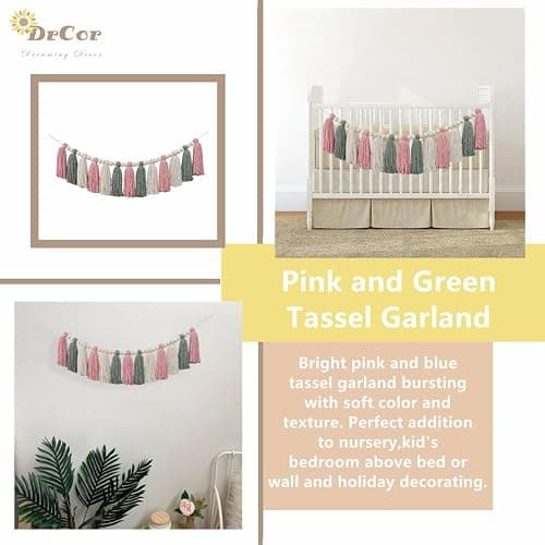 DrCor Pastel Tassel Garland – Pink & Sage Green Boho Spring Garland for Nursery, Classroom Decor, Baby Shower, Kids Room, Birthday Party, Dorm & Home Wall Hanging thumbnail 4