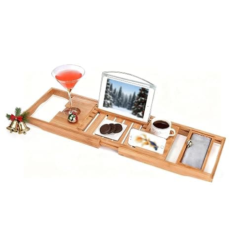 Utoplike Bathtub Caddy Tray, Bamboo Tub Tray with Sliding Towel Holder, Bath Table with Book Holder, Phone Stand and Adjustable Book Reading Rack, Tablet Slots - Image 1