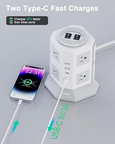 Tower Surge Protector Power Strip Flat Plugs with 8 Outlets 4 USB Ports (2 Type C), 6.5 FT Flat Extension Cord with Multiple Outlets, Charging Station with Surge Protection for Home Office Dorm thumbnail 4