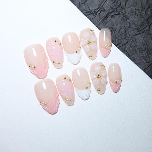 Handmade Short Almond French Press On Nails,Reusable&Salon Quality(PZ03, S) | 10Pcs Daily & Party Fake Nails | Easy Apply & Remove | Nude Pink Ombre with 3D Floral, Pearl & Gold Bead Decor thumbnail 2