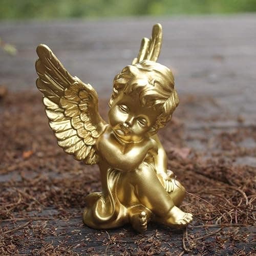 OwMell Set of 2 Cherubs Angels Resin Statue Figurine, Indoor Home Decoration, Adorable Angel Sculpture Memorial Statue 4" - Gold thumbnail 6
