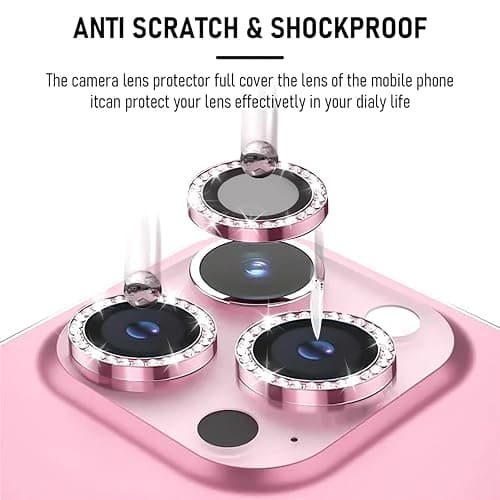 Oelrstfe Camera Film for iPhone 15 Pro/15 Pro Max, Rear Lens Protection Tempered Glass, HD Clear Lens Screen, 9H Hardness Anti-Scratch Ultra Resistant Glitter Camera, Pink thumbnail 7