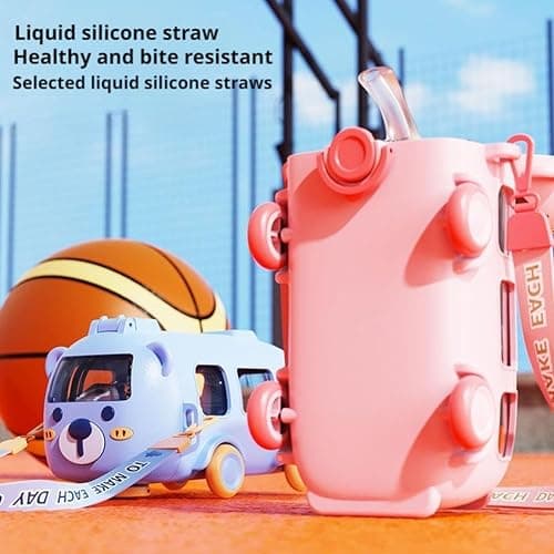 Portable Water Cup in Bus Shape with Strap 17Oz,Cute Bus Water Bottle with Straw,360°Leak-Proof Bounce Flip Top Straw Water Bottle,Detachable Fun Toy Bus Water Bottle for Boys Girls Camping Trips thumbnail 2