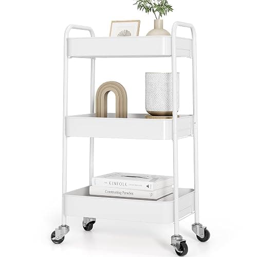 TOOLF 3-Tier Rolling Cart - Metal Utility Storage Organizer with Lockable Wheels, 33 lbs Per Shelf, Tool-Free 5-Min Assembly, for Kitchen Bathroom Office Nursery Craft Room, White - Image 1
