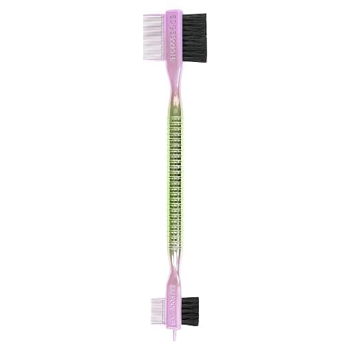 Style Factor EDGE BOOSTER Tri Brush Dual Pin Tail – Double-Sided Edge Control Brush & Comb with Boar Bristles – For Edges, Slick Backs, Baby Hair Styling, and Taming Flyaways (Purple Green/Stripe) - Image 1