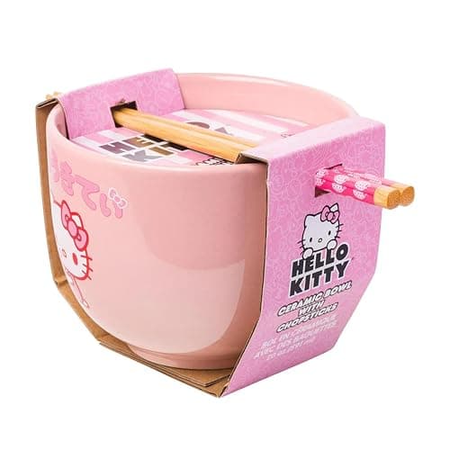 Silver Buffalo Sanrio Hello Kitty Strawberry Milk Japanese Character Ceramic Ramen Noodle Rice Bowl with Chopsticks, Microwave Safe, Pink, 20 Ounces thumbnail 3