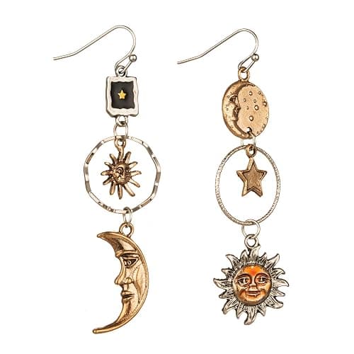 Vintage Sun Moon Star Dangle Earrings for Women, Greek Mythology Asymmetric Drop Earrings (Gold) - Image 1
