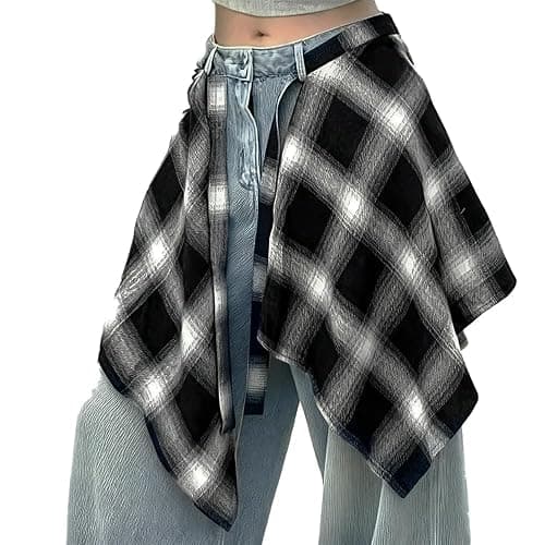 OULIGET Women's Grunge Mini Plaid Skirt,Hip-Hop One-Piece Tie Up Asymmetrical Skirt,Y2k Overlapping Jeans Decorate Skater - Image 1