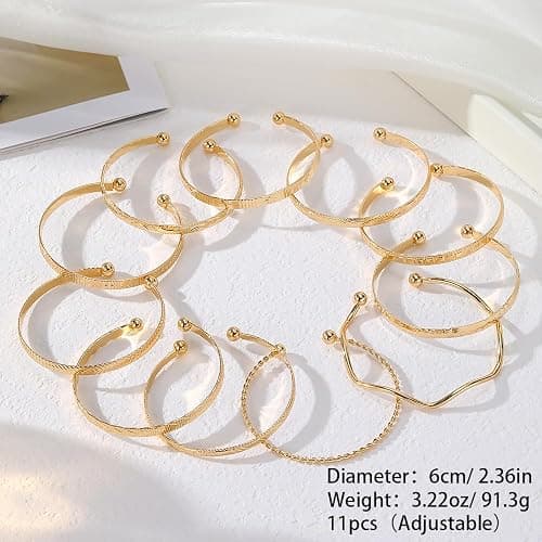 KISS WIFE 11 Pcs Gold Bangles for Women, Adjustable Bangle Bracelets, Multi Layer Open Stackable Cuff Bracelet Set, Fashion Accessories Jewelry Gifts for Women thumbnail 4