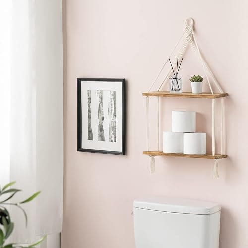 Mkono Macrame Hanging Shelf Boho Wall Decor 2 Tier Handmade Cotton Rope Rustic Wood Floating Shelves Display Photos Plants Hanging Storage Shelving for Living Room Nursery Bathroom Bedroom thumbnail 5