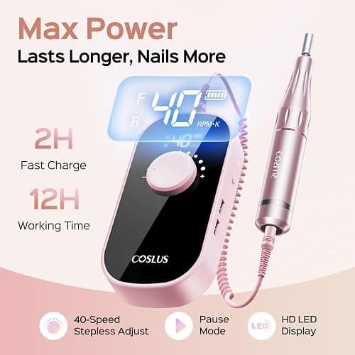 COSLUS Electric Nail Drill Professional: 40000 RPM Rechargeable Nail File with Stand for Acrylic Gel Nails - Stable & Smooth Grinding, Easy to Use, Ideal for Beginners Women, Home DIY and Salon, Pink thumbnail 3