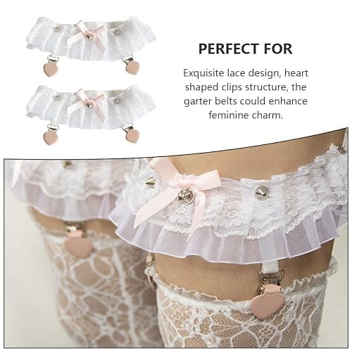 Outanaya Lolita Strumpfbänder mit Herzförmigen Clips aus Spitze und Metall Elastische Garters für Damen zur Kostümdekoration und Formellen Anlässen 1 Paar Weiß thumbnail 3