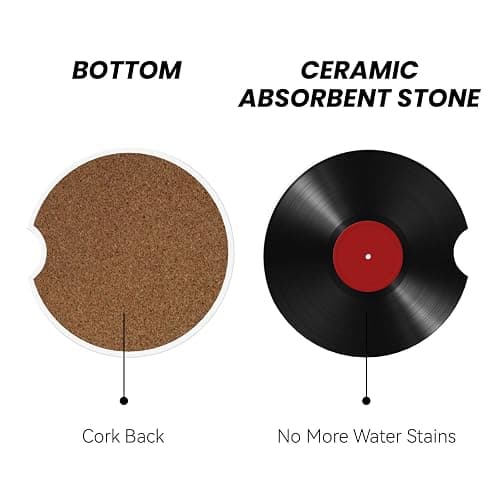 YINFILAN Car Coaster for Cup Holders, Red Vinyl Record Isolated, 2 Pack, Absorbent Ceramic Coaster with Cork Base, Universal Size 2.56" with Finger Notch thumbnail 3