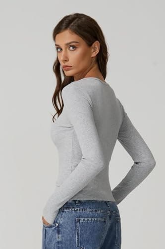 QINSEN Women's Long Sleeve Ribbed Crewneck Shirts Upper Button Fastening Going Out Tops thumbnail 4