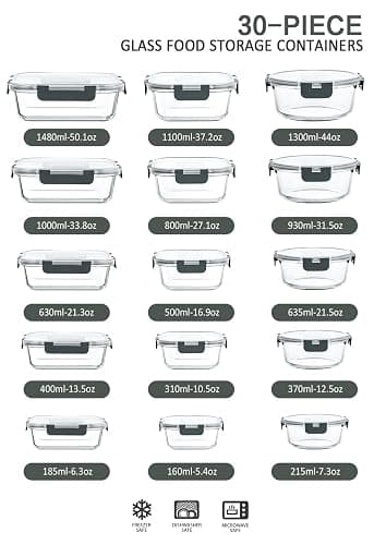M MCIRCO 30 Pieces Glass Food Storage Containers with Snap Locking Lids,Glass Meal Prep Containers Set - Airtight Lunch Containers, Microwave, Oven, Freezer and Dishwasher thumbnail 3