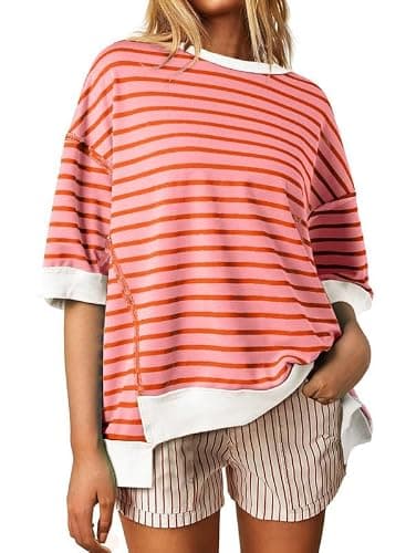 SHEWIN Womens Oversized Tops Crewneck Striped Sweatshirt Pullover Shirt | Casual, Short Sleeve, Loose Fit, Tshirt, Fashion, Trendy, 2026 thumbnail 4