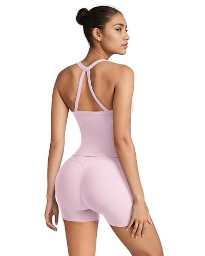 SUUKSESS Women 2 Piece Workout Sets High Waisted Tummy Control Biker Shorts Halter Padded Tank Tops thumbnail 2