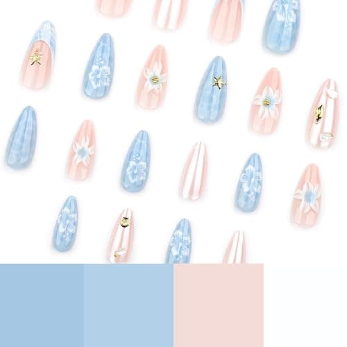 Almond Press on Nails Medium Fake Nails 3D Flower French Tip False Nails Stick on Nail Water Ripple Glossy Glue on Nails Gold Starfish Floral Full Cover Artificial Acrylic Nail for Women Kit 24PCS thumbnail 6