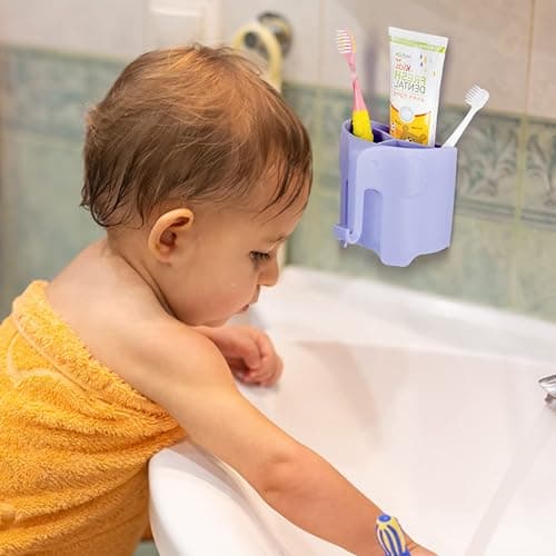 Hippywell Kids Toothbrush Holder, Cute Elephant Toothbrush Holders for Toddler, Toothbrush Toothpaste Holder for Bathroom, Toothbrush Organizer with 3 Slots and a Hook, Purple thumbnail 5