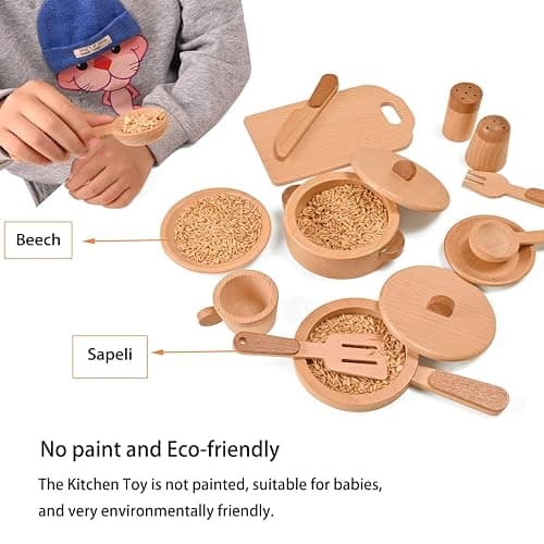 MONT PLEASANT Play Kitchen Accessories Montessori Wooden Toys | Kids Kitchen Set Cookware Plates Dishes Pots Pans Cooking Playset 15pcs Sensory Toys for Toddlers Girls Boys With Storage Bag thumbnail 4