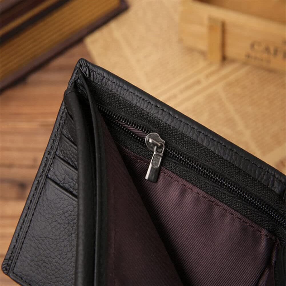 Men's Genuine Cowhide Leather Bifold Wallet - 2 Bill Compartments + 8 Card Slots + Photo Insert | Zippered Coin Pocket & Multi-Layer Organizer | Durable Stitching (Black) thumbnail 3