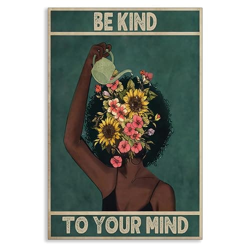 Be Kind To Your Mind Canvas Wall Art, Inspirational Quote Office Poster, Emerald Green Woman and Flowers Poster Print, Positive Affirmations Mental Health Wall Decor for Bedroom 12x16in Unframed - Image 1