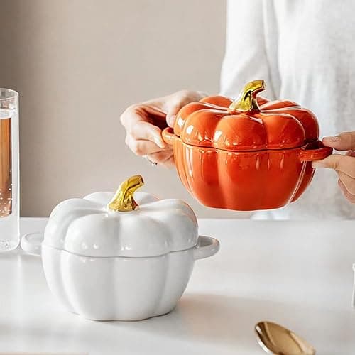 Pumpkin Bowl Set with Lid and Handle, Set of 2 Ceramic Ramekins for Baking, Casserole Dish Individual Severing Pot, Stoneware, Oven Safe, 14 Oz (Orange) thumbnail 6